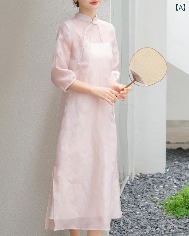 樂天商城 - レディース ワンピース レトロ 中華風 リラックス ウェア 夏 婦人服 チャイナ ドレス 普段着 フェアリー ジャカード スタンドカラー ドレス ピンク