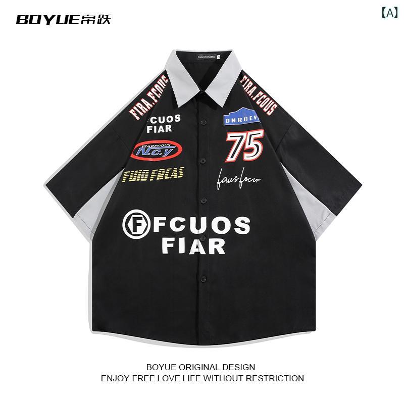 メンズ 夏 トップス シャツ サマー レター ヒップ ホップ ストリートレーシング プリント 五分袖 スト..