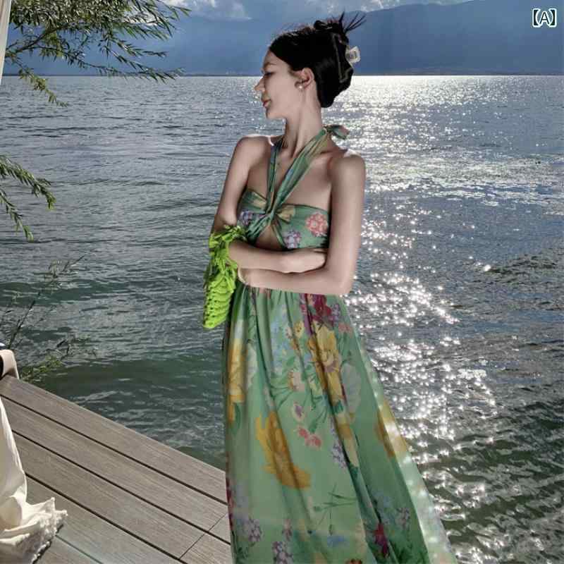 レディース リゾート ワンピース ボヘミアン チューブ トップ ホルターネック バック レス ドレス シフォンプリント お姫様 ファン 海辺 ビーチ