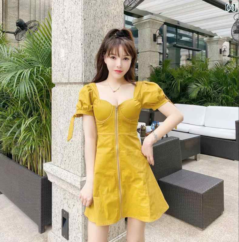 レディース ワンピース フレンチ レトロ スクエアネック ウエスト スリム ドレス 女性 チューブ トップ ジッパー a ライン スカート シ..