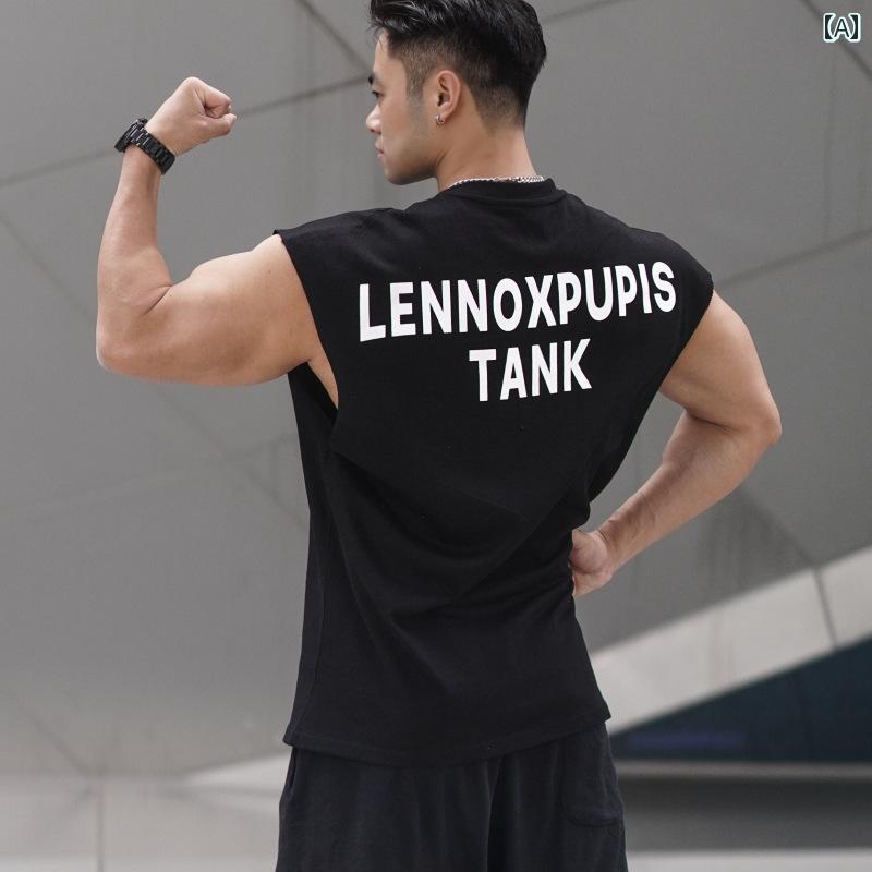 メンズ フィットネス ワイド ショルダー ベスト チョッキ バット スリーブ コットン ヘビーウェイト ノ..