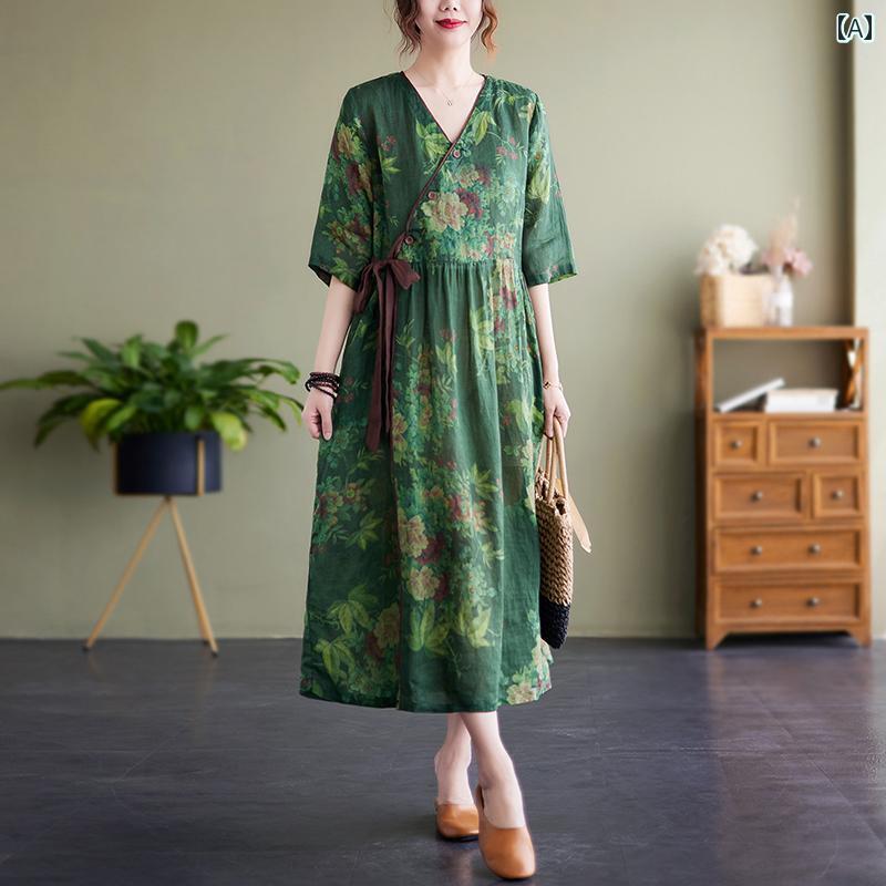 レディース 夏 ワンピース ビーチ リゾート サマードレス ラミー ドレス レトロ 文学 斜め 前立て レー..