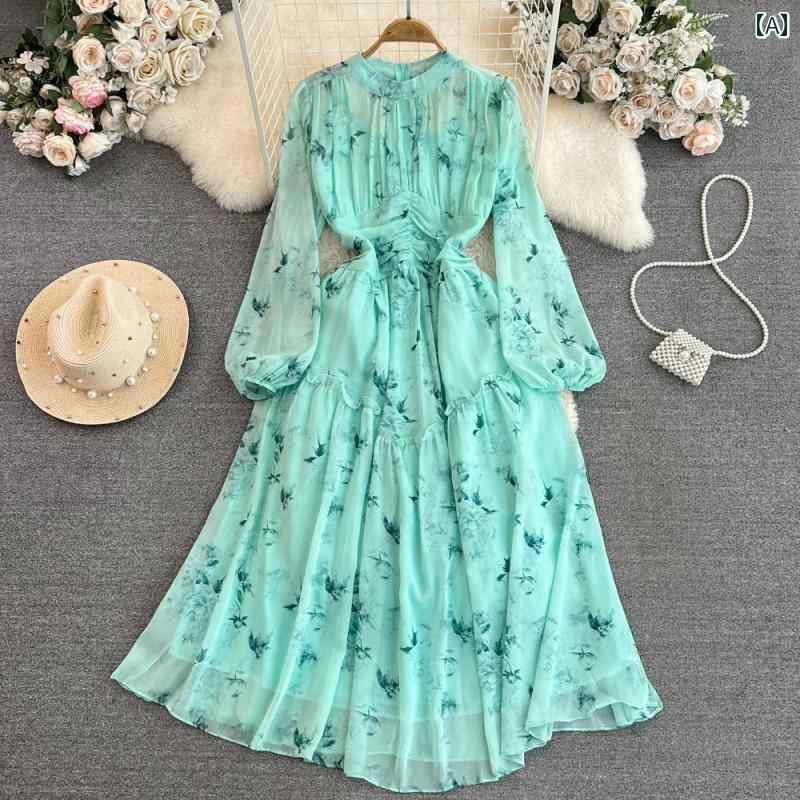 レディース ワンピース ハイエンド ライト 高級感 ランタン 長袖 スタンドカラー ウエスト スリム a ライン プリント シフォン ドレス エレガント ロング スカート