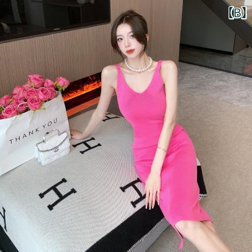 夏 ワンピース ローズレッド サスペンダー ドレス 女性 フレンチ レトロ ニット ヒップ スカート 魅惑的 スリット ミドル丈