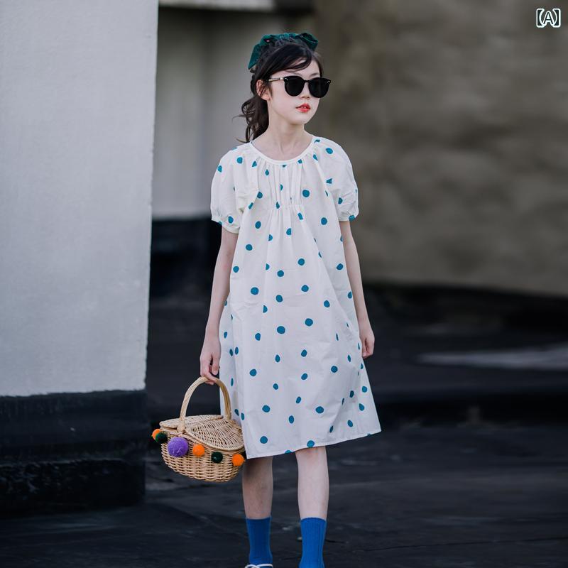夏 ワンピース かわいい 女の子 ガールズ ドレス 綿 パフスリーブ ドット 海辺 休暇 ビーチ 年長 子供 中 太 ロング
