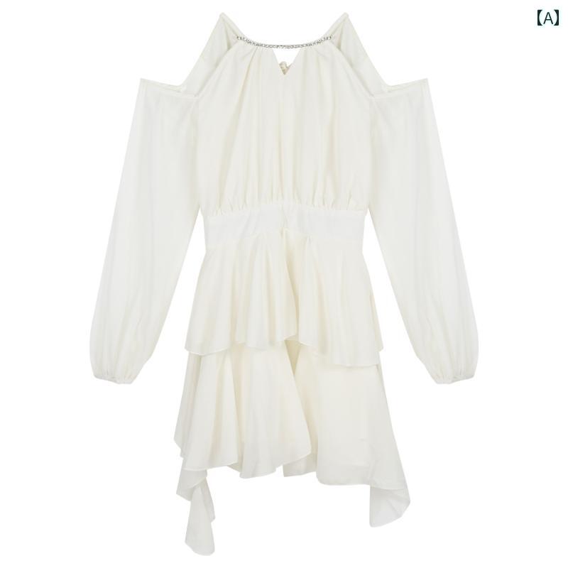 ワンピース フレンチ ホワイト 長袖 ドレス 秋 フェアリーフェアリー ウエスト シフォンスカート フリ..