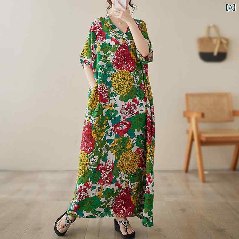 レディース 夏 ワンピース マキシ カフタンドレス 用 V ネック 綿麻 大きいサイズ ゆったり 文学 リゾ..