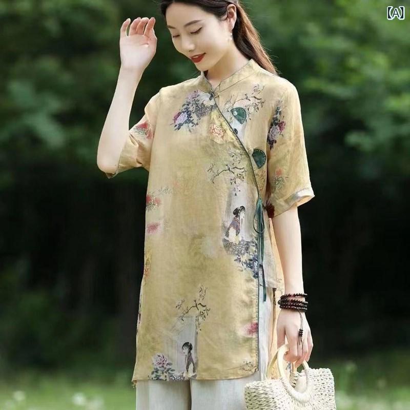 レディース 夏 チャイニーズ スタイル ワンピース おしゃれ 上品 婦人服 レトロ 斜め 前立て 綿 リネン 女性 スリット チャイナ ドレス 漢服 茶道 スーツ ラミー ミドル丈 シャツ