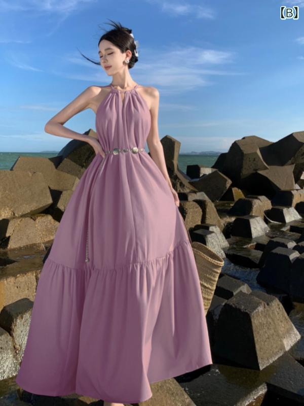 レディース 夏 リゾート ワンピース フレンチ レトロ パープル ホルターネック ドレス 女性 オフ ショ..