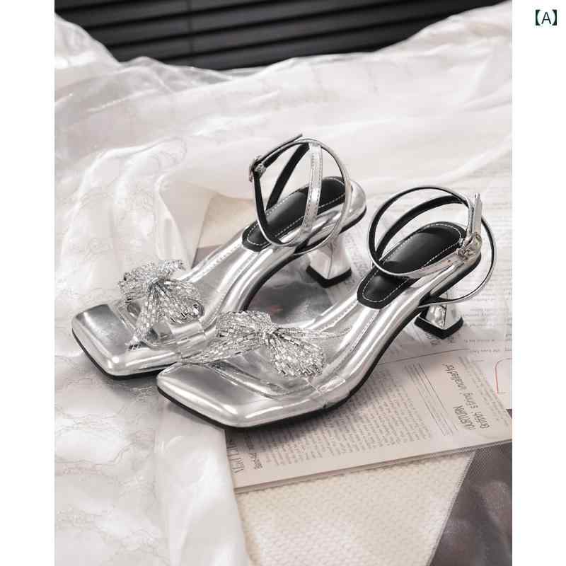レディース 夏 ミュール サンダル パーティー おしゃれ 履きやすい 女性用 シルバークリスタル ワン ストラップ フレンチ リボン スクエアトゥ オープントゥ スティレット