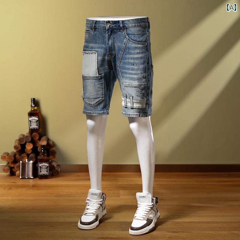 Patchwork Shorts - メンズ 夏 パンツ デニム ハーフ サマー 半ズボン デニムショート パッチワーク 古風 ミッド ジョッパーズ 五分丈 弾性 薄手 パッチ