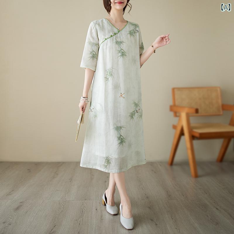 樂天商城 - レディース 夏 チャイニーズ スタイル ワンピース おしゃれ 上品 婦人服 ラミー V ネック ドレス 高級感 フレッシュ 中華風 綿麻 女性 ゆったり チャイナ