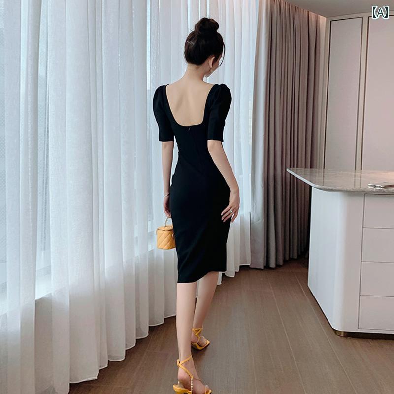 レディース 夏 ドレス ワンピース フレンチ スリムフィット ヒップ ハグ ロング ハイエンド 女性 スクエアネック バック レス リトル ブラック