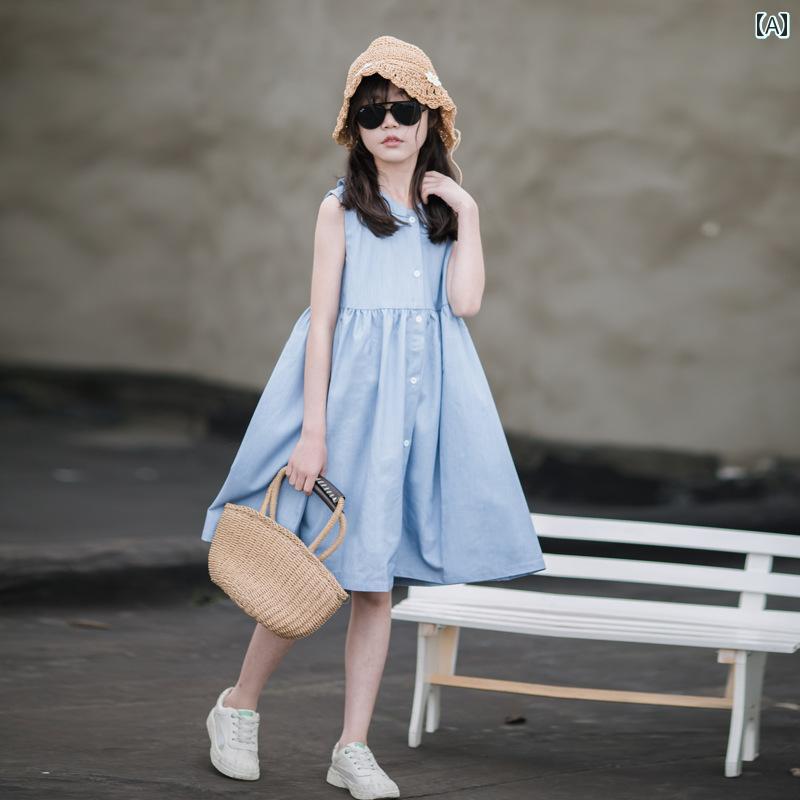 夏 ワンピース かわいい 女の子 女の子 デニム ドレス 薄手 カレッジ 中大 子供 コットン プリンセス