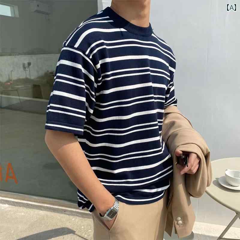 メンズ 夏 カジュアル ニット 半袖 おしゃれ T シャツ トップス プルオーバー ライト 大人 洗練 ラウンドネック ストライプセーター スリム