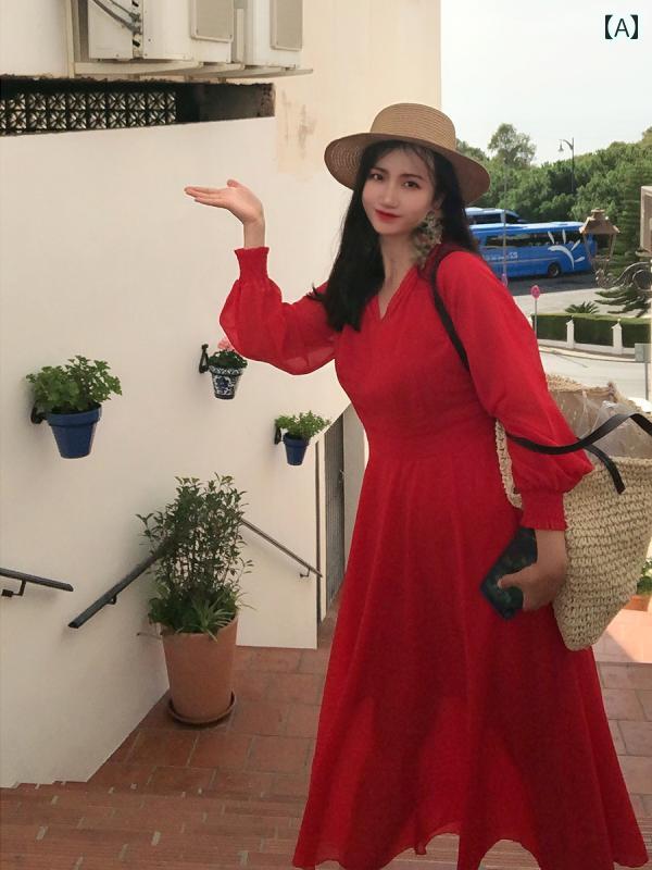 レディース リゾート ワンピース ウイグル 旅行 赤い ドレス フレンチ フード シフォン ロング スカー..