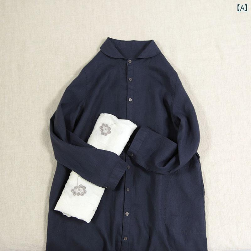 レディース カジュアル ワンピース ゆったり 普段使い マザーズ 春秋 女性用 文学的 綿麻 ドレス 体型カバー 着痩せ 長袖 シャツ スカート リネンカーディガン