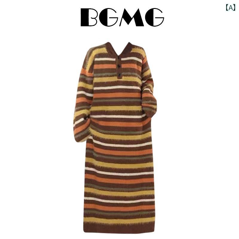 レディース ワンピース コントラスト ストライプ スウェットシャツ フード ドレス 秋冬 韓国 ストレート ロング セーター