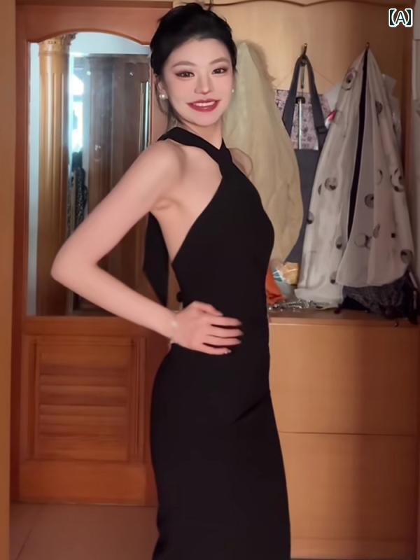 レディース ワンピース フランス 高級感 女性 クロス ホルターネック ストラップ ドレス 軽量 ウエスト 締める インナー スカート