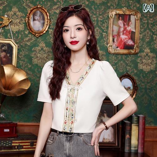 レディース 夏 トップス シャツ 大人 かわいい ガーリー サマー 婦人服 快適 女性 半袖 t 中華風 刺繍 v ネック 風 ユニーク