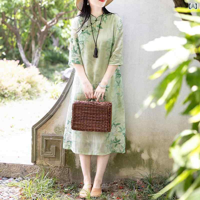 レディース 夏 チャイニーズ スタイル ワンピース おしゃれ 上品 婦人服 文学 レトロ スリム スタンドカラー ボタン チャイナ ドレス ミッド スリーブ 女性