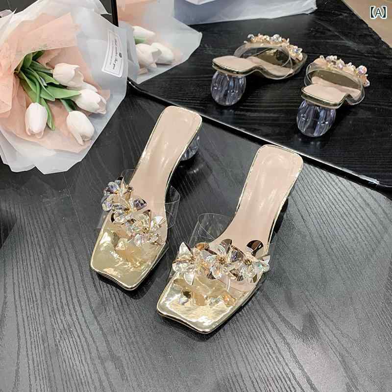 レディース 夏 ラインストーン サンダル ハイヒール スリッパ アウターウェア 厚手 ヒール ワンピース ..