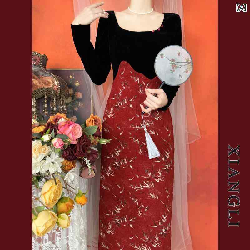 レディース ワンピース ドレス イブニング レトロ 中華風 秋冬 アンティーク 花 スリムフィット 瞑想 ベルベット スプライシング ロング スカート