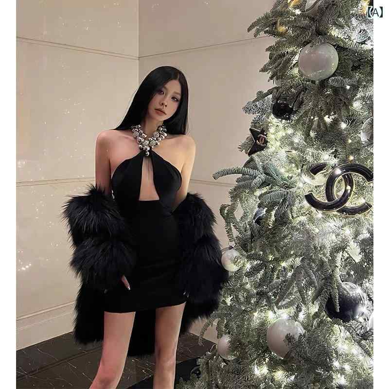 レディース ワンピース 黒 ホルターネック ドレス 魅惑的 スタイリッシュ 背中 開いた 誕生日 ハイエンド