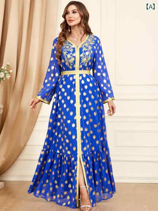 レディース エスニック ゆったり ワンピース ローブ 東南 アジア ラウンドネック 長袖 プルオーバー ロング スカート ブロンズ 刺繍 ドレス ウエスト ファッション ホイ アラブ