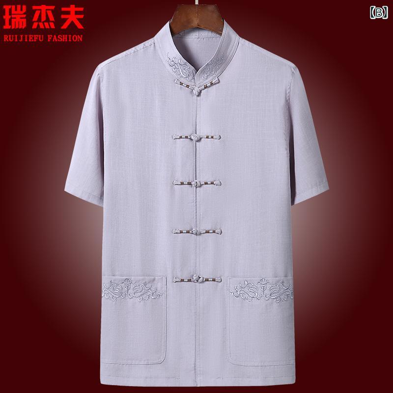 メンズ カジュアル 夏 チャイナ服 ウエア 普段使い 中国 半袖 バックル 唐服 スーツ リネン サマー 高齢者 父親 漢服用