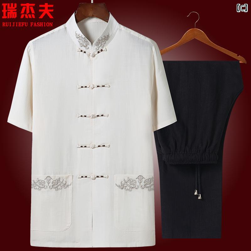 メンズ カジュアル 夏 チャイナ服 ウエア 普段使い 中国 半袖 バックル 唐服 スーツ リネン サマー 高齢者 父親 漢服用