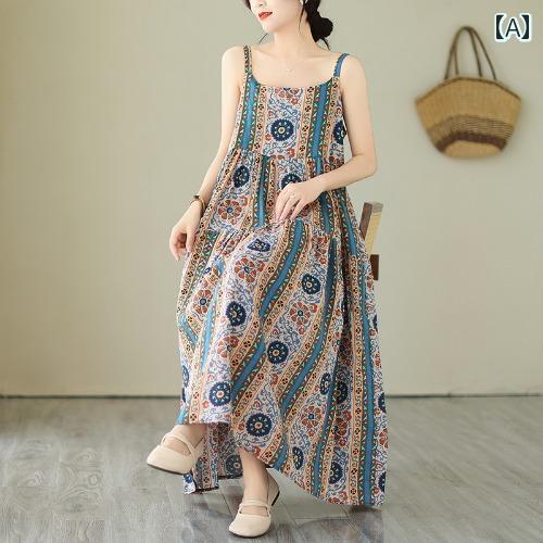 レディース 夏 ワンピース ビーチ リゾート レジャー ゆったり 大きいサイズ 綿 リネン ドレス ロング スカート ぽっちゃり プリント サスペンダー 女性 膝上 a ライン