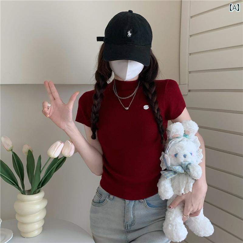 レディース 夏 サマー ニット t シャツ 薄手 プリーツ 体型強調 セーター トップス 女性 韓国 魅惑的 ギャルズ スリムフィット 半袖 レイヤリング T