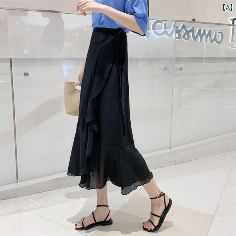 レディース ワンピース シフォンスカート レースアップ ビーチ スカート サマー フリル a ライン ラップ イレギュラー ソリッドカラー ロング