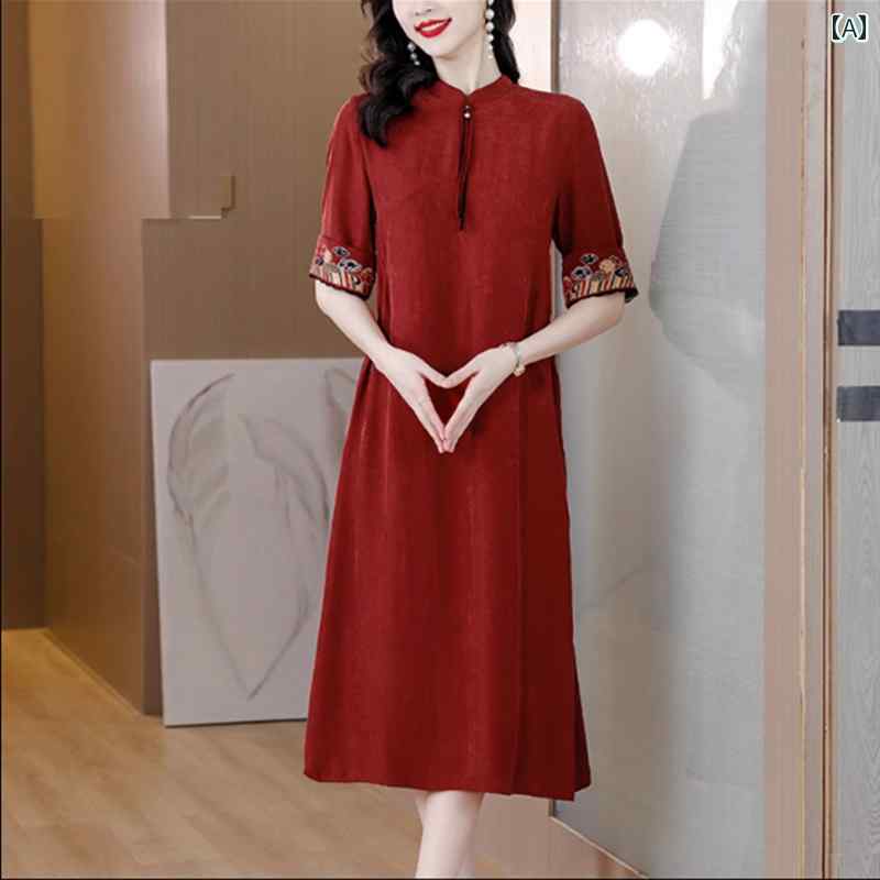 レディース 夏 ワンピース きれいめ 上品 ミセス 婦人服 ドレス 女性 おばあちゃん 結婚式 パーティー 高級感 桑 スカート(4)