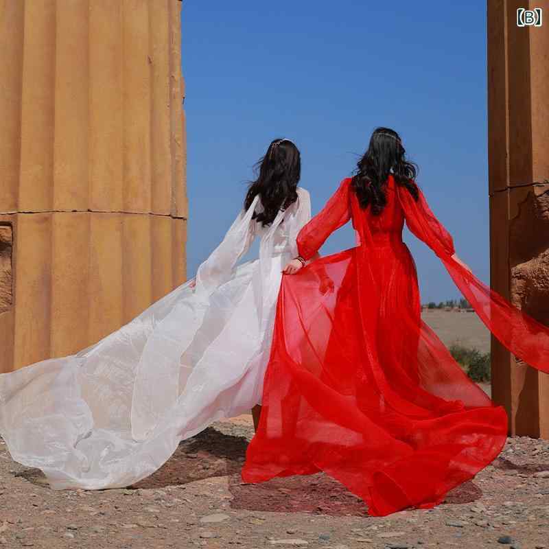 レディース 夏 リゾート ワンピース 旅行 写真 ドレス 海辺 スーパー フェアリー トレーリング レッド 休暇 ビーチ 女性 白い 床長 ロング