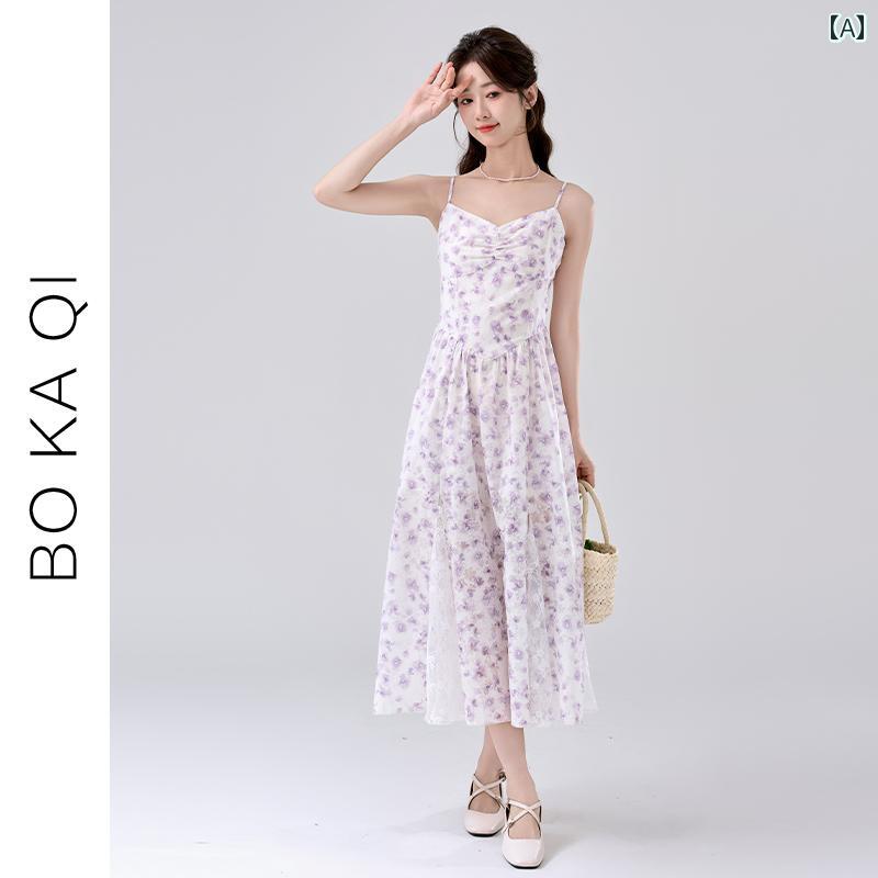 夏 ワンピース きれいめ ガーリー 大人かわいい フレンチ ティーブレイク レース 花 サスペンダー ドレス 女性 スリム ミドル丈 スカート