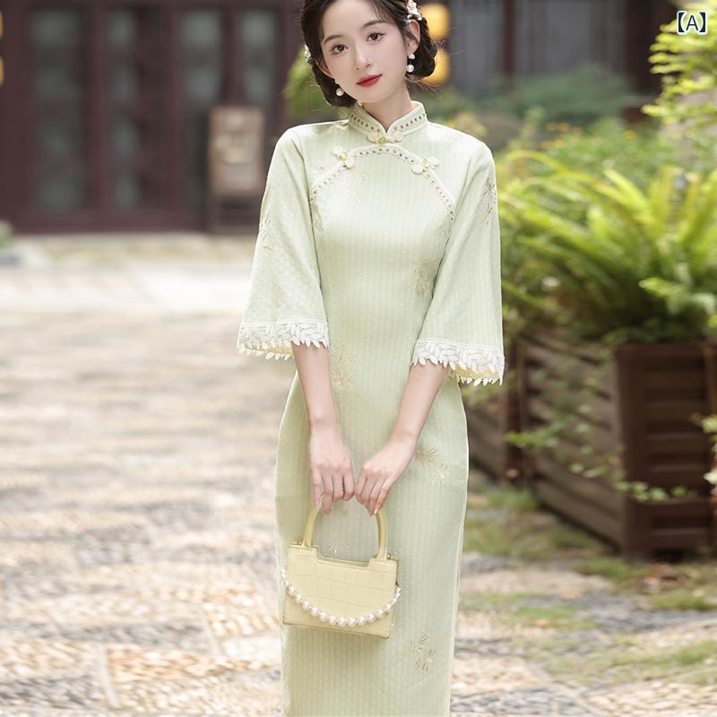 China Dress - レディース チャイナドレス おしゃれ ワンピース コスプレ 写真撮影 小さい フレッシュ 中華風 秋 逆 大きい 袖 ラウンド 前立て 刺繍 レース ミドル丈 ドレス