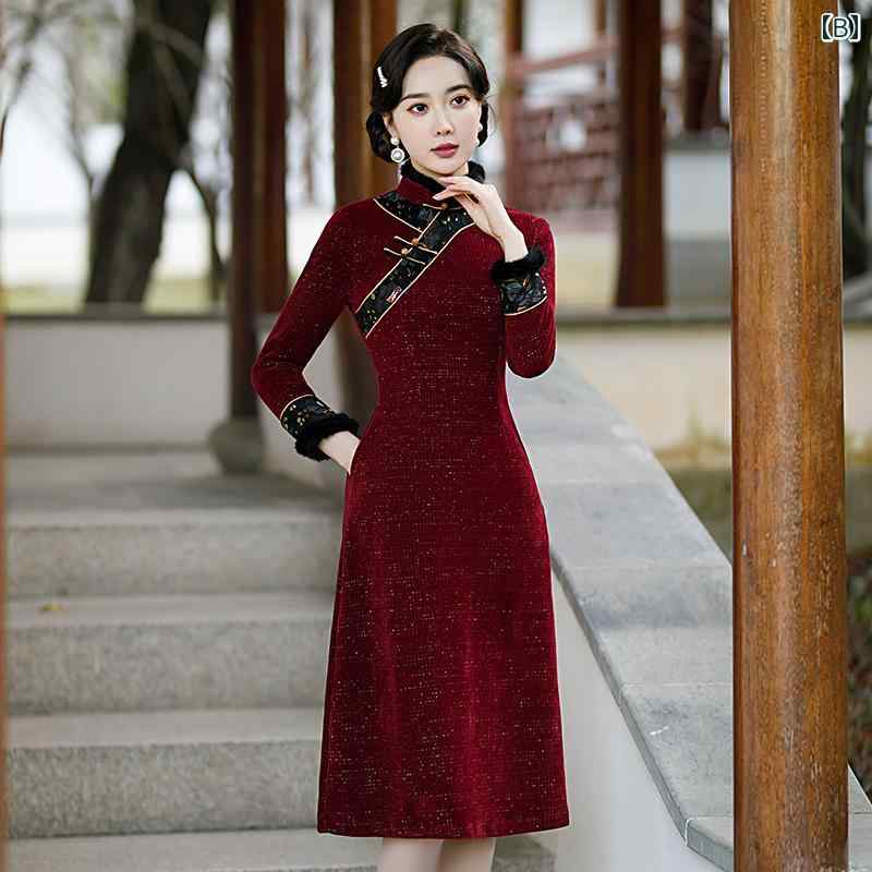 レディース チャイナ ドレス エレガント ワンピース 撮影 衣装 オールド ハイエンド ベルベット 厚手 黒 上品 洗練 冬 レトロ デイリー