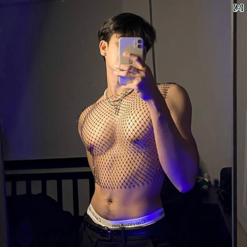 メンズ 夏 ワンピース 下着 魅惑的 シルキー 通気性 メッシュ シャツ スポーツ ロック