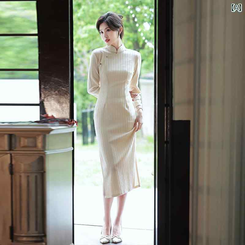 レディース チャイナ ドレス かわいい ワンピース 長袖 ストライプ フレッシュ 普段使い 日常着 女性 ..