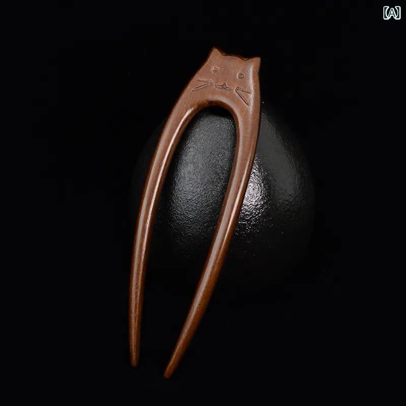 アクセサリー かんざし ヘア かわいい 髪飾り 猫 ヘアピン サンダルウッド ダブル 漢服 アップ レトロ 中国 シンプル アンティーク