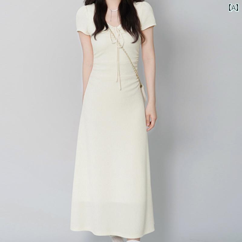 Other - レディース 夏 ワンピース 大人 かわいい アプリコット シンプル カレッジ 女性 フレンチ ウエスト カバー お腹 スリム V ネック スカート
