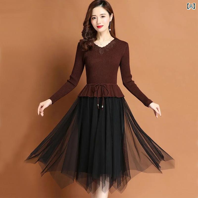 レディース ファッション 小柄方 V ネック ニット ワンピース 春秋 ホリデー ツーピース セット お腹 ..