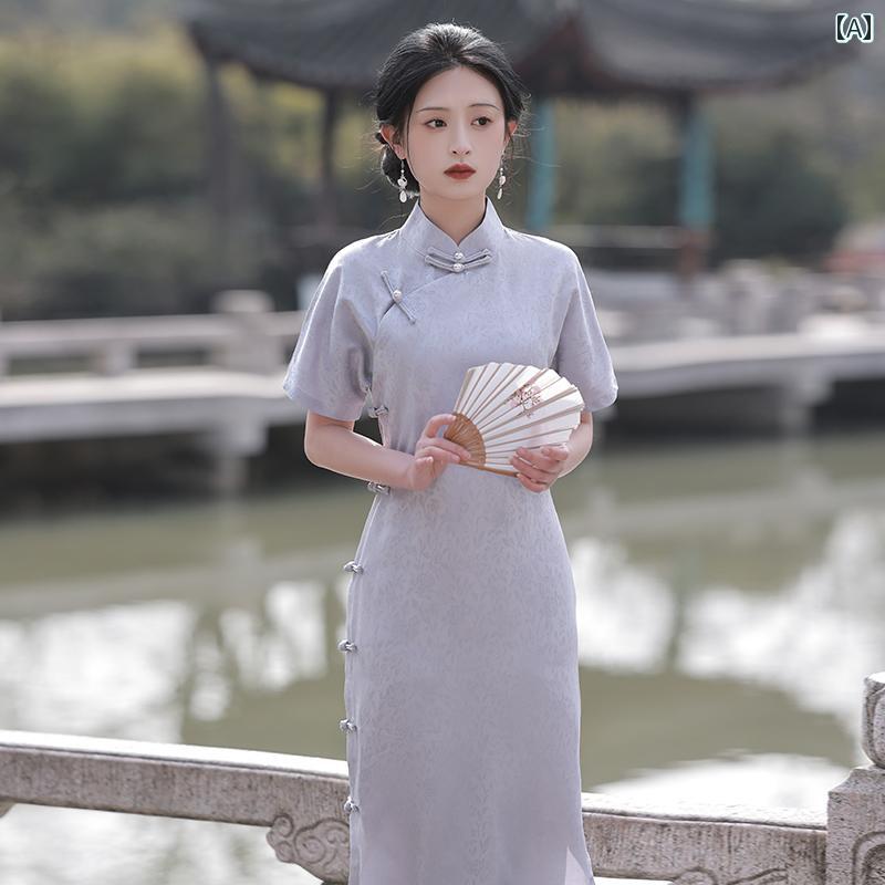 China Dress - レディース チャイナ ドレス エレガント ワンピース 撮影 衣装 レトロ 伝統的 文学 芸術 フル ブレスト 民族風 ガールズ 普段使い 日常着