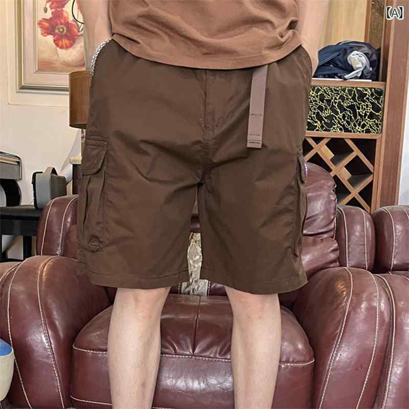 メンズ 夏 パンツ ハーフ 半ズボン サマー 厚手 ストレート カーゴ ショーツ ファッション 五分丈 弾性 ウエスト ブラウン