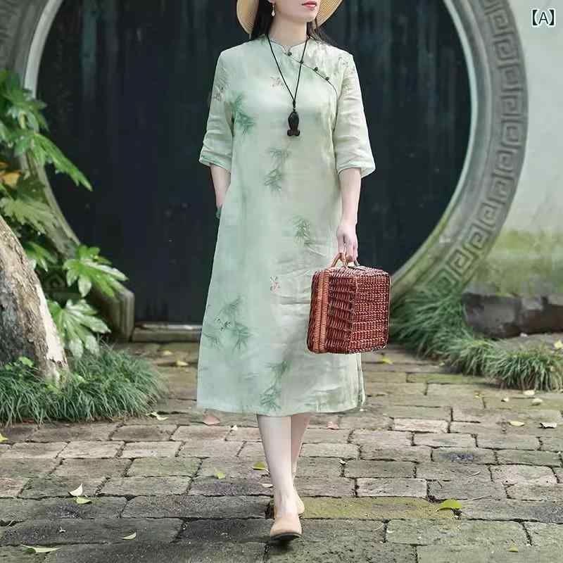 レディース 夏 チャイニーズ スタイル ワンピース おしゃれ 上品 婦人服 中華風 女性 綿 リネン ドレス 小 お腹り カバー スリム ラミー チャイナ(4)