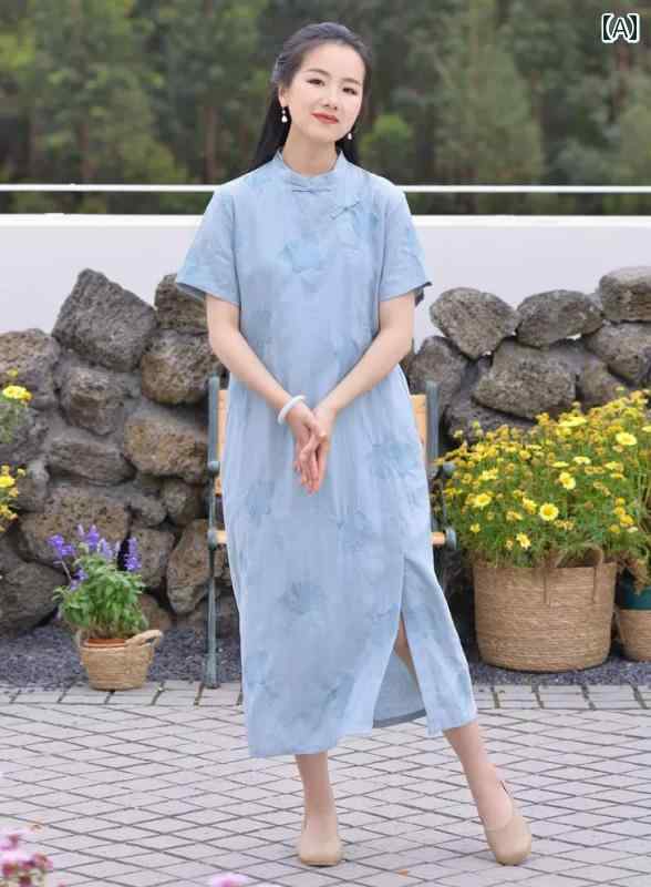 レディース 夏 チャイニーズ スタイル ワンピース おしゃれ 上品 婦人服 レトロ 中華風 リネン 刺繍 ドレス 女性 チャイナ 斜め 前立て ボタン付き ロング スカート