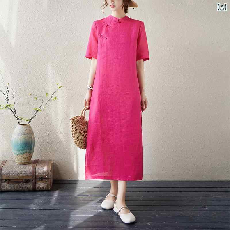 Rakuten - レディース 夏 チャイニーズ スタイル ワンピース おしゃれ 上品 婦人服 綿 リネン スタンドカラー プレート ボタン 文学的 無地 ドレス 中国 ゆったり チャイナ