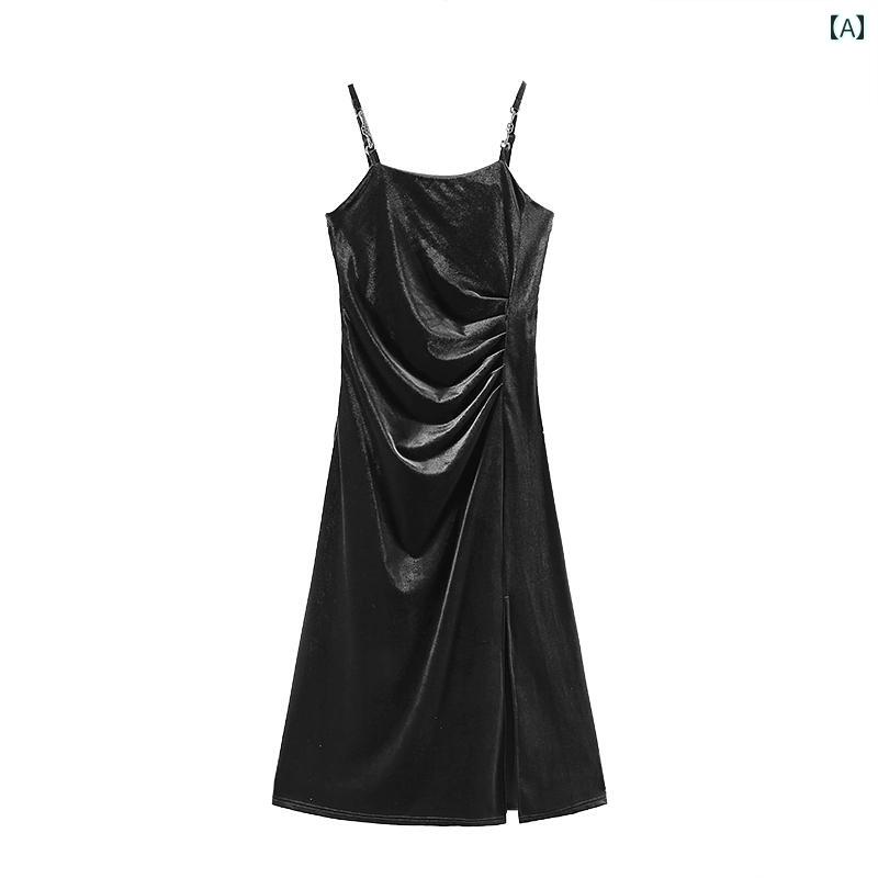 レディース ワンピース かわいい 秋 女性 ハイエンド ベルベット サスペンダー ドレス フランス ウエスト スリム ヒップ ロング スカート